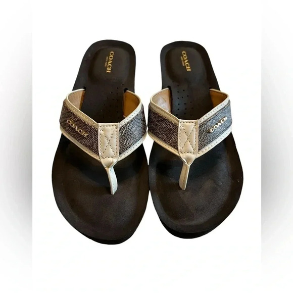 Coach Shoes - Coach Women’s Size 9 Wedge Sandals Brown/ Tan and Gold Signature C